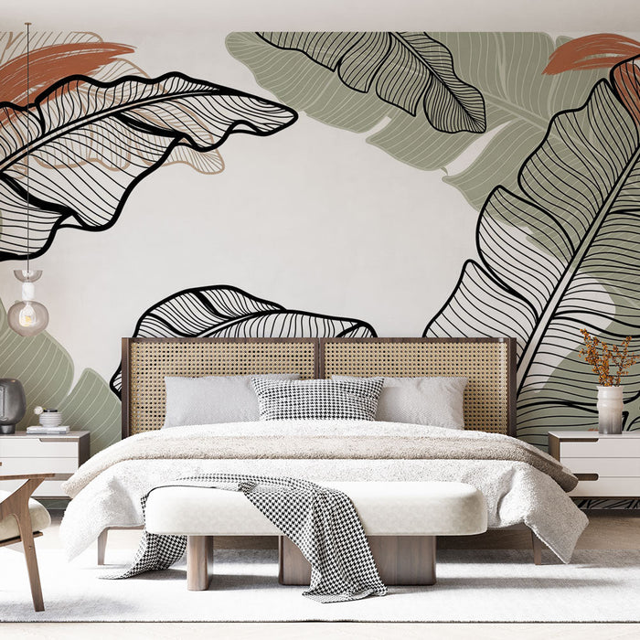 Carta da parati fogliame grafico | Foglie stilizzate in toni nero e terra