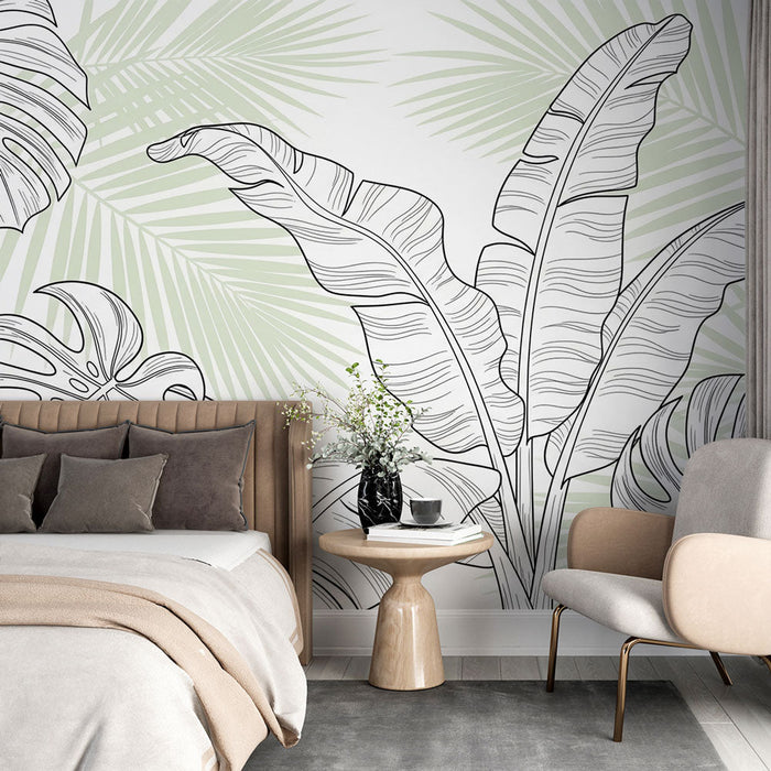 Fototapet Grafika Listje | Tropsko listje v črnih obrisih na svetli podlagi