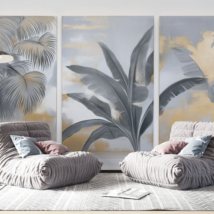 Foto Behang grijs en gouden bladeren | Een elegant botanisch patroon met verfijnde kleuren