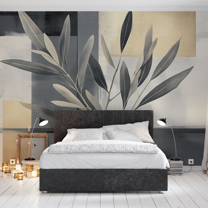 Mural Wallpaper gray foliage | Elegant leaves on geometric background