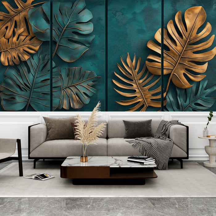 Fototapet løv efterligning 3D | Gyldne og blågrønne blade på tekstureret baggrund