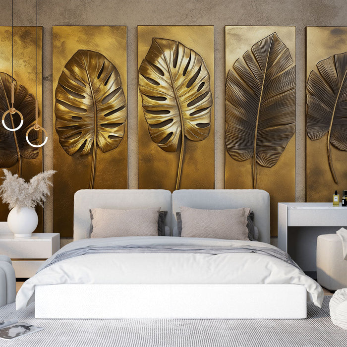 Muraaltapeet lehestiku imitatsioonmaaling | Reljeefsed kuldsed lehed tekstureeritud taustal
