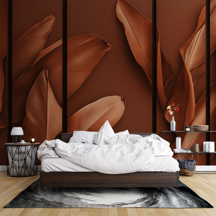 Papel pintado imitacion de pintura de follaje | Hojas doradas sobre fondo terroso