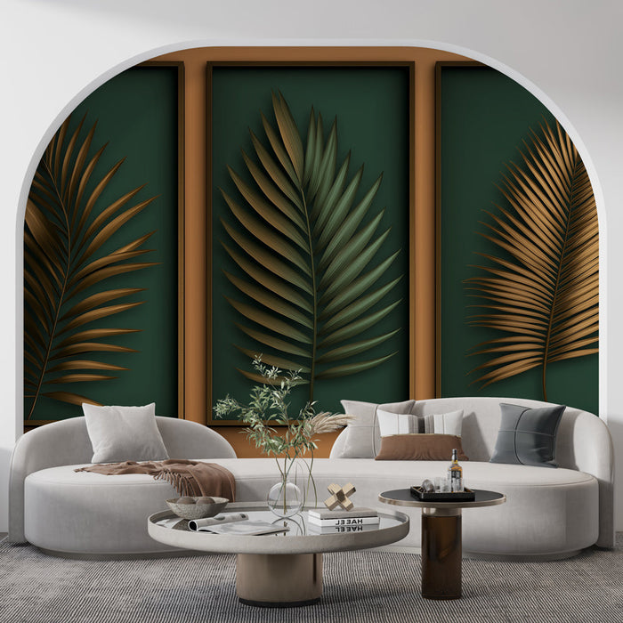 Carta da parati con imitazione di fogliame pittura | Palme dorate su sfondo verde scuro