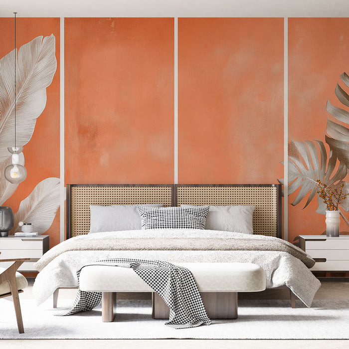 Fototapet yaprak taklidi resim | Parlak turuncu arka plan üzerinde tropikal bitkiler