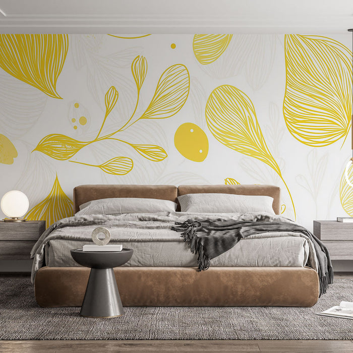Tapet gult lövverk | Delikata mönster av löv och stjälkar i gult på vit bakgrund