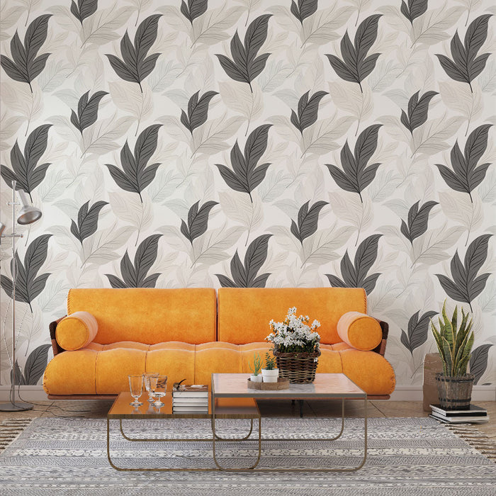 Papel de parede mural folhagem clara | Padrão de folhas em tons de cinza e branco