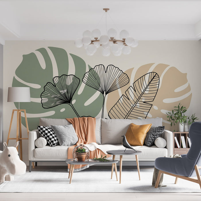 Ταπετσαρία με γραμμικό φύλλωμα | Στιλιζαρισμένα φύλλα σε απαλό φόντο