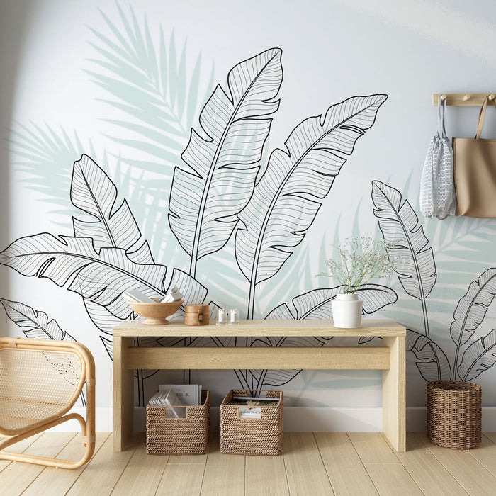 Tapete lišće linearno | Stilizirani uzorak velikih listova u crnoj i svijetlo zelenoj