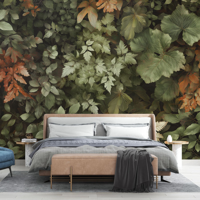 Fototapete Blätterwerk | Mischung aus grünen Blättern und orangefarbenen Akzenten