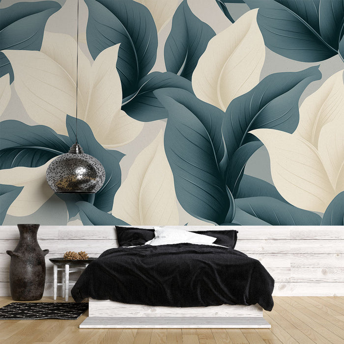 Seinamaaling tapeet kaasaegne lehestik | Elegantsed lehed sinistes ja kreemjates toonides