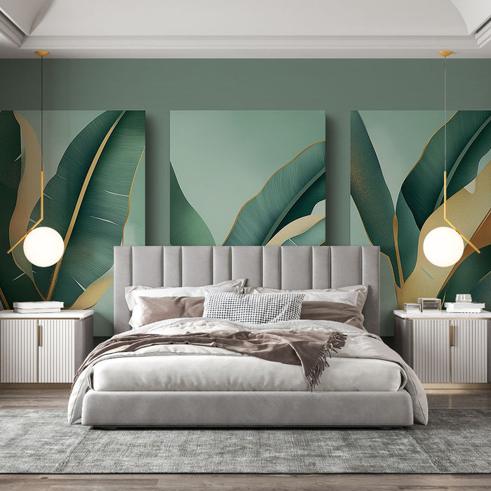 Ταπετσαρία με μουράλ σύγχρονο φύλλωμα | Στιλιζαρισμένα φύλλα με κομψή επιχρύσωση