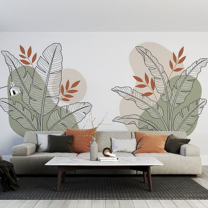 Carta da parati moderna fogliame | Foglie stilizzate con tocchi di colori terrosi