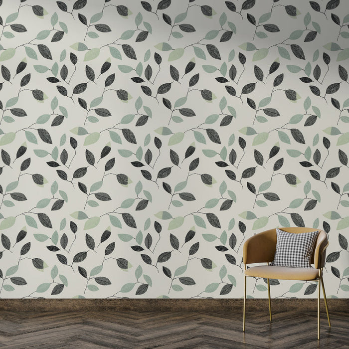 Foto Behang moderne bladeren | Delicaat bladpatroon in zwart, muntgroen en crème