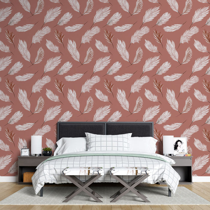 Mural Wallpaper foliage | Delicate leaf pattern on salmon pink background