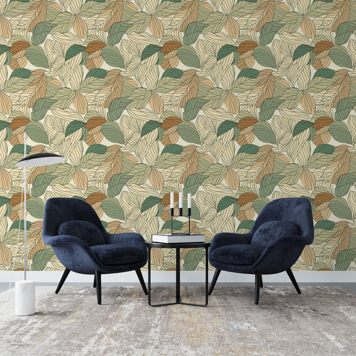 Papel de parede Mural | Padrão estilizado de folhas com tons naturais