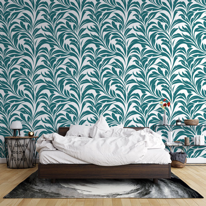 Mural Wallpaper foliage | Stylized leaf pattern in turquoise on a white background