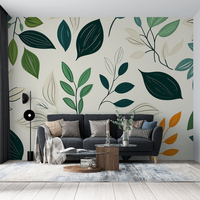 Mural Wallpaper foliage | Elegant pattern of varied leaves on a light background