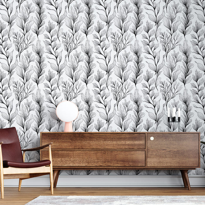 Mural Wallpaper foliage | Monochrome pattern of delicate leaves on a white background