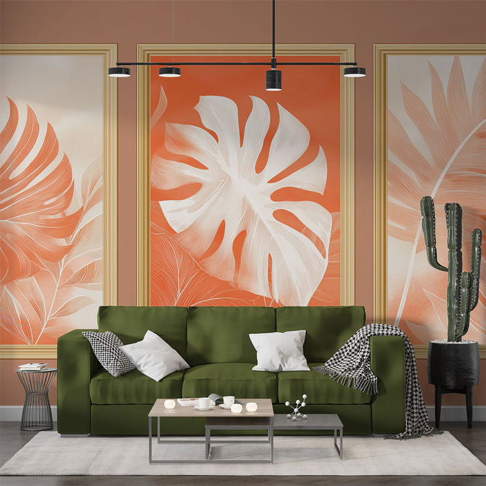 Tapete blattwerk | Weiße Blattmuster auf korallenrotem Hintergrund