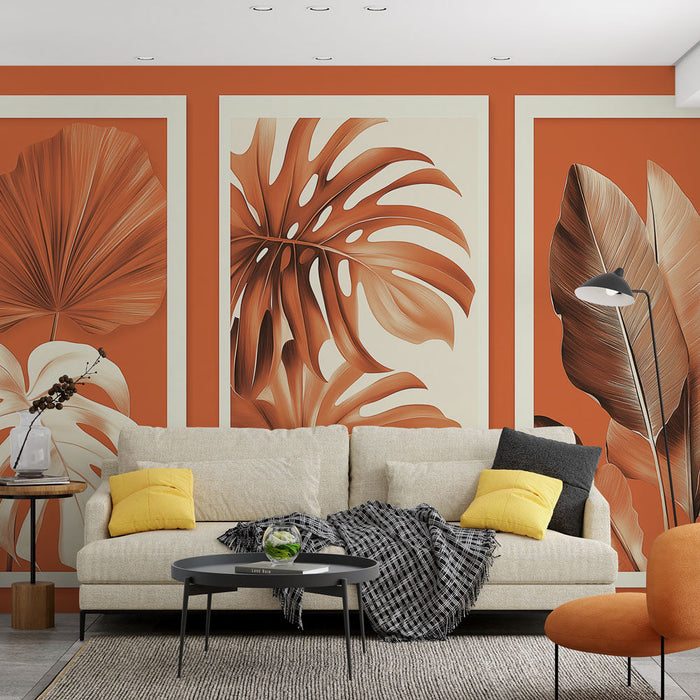 Carta da parati fogliame | Motivi stilizzati di foglie su sfondo arancione