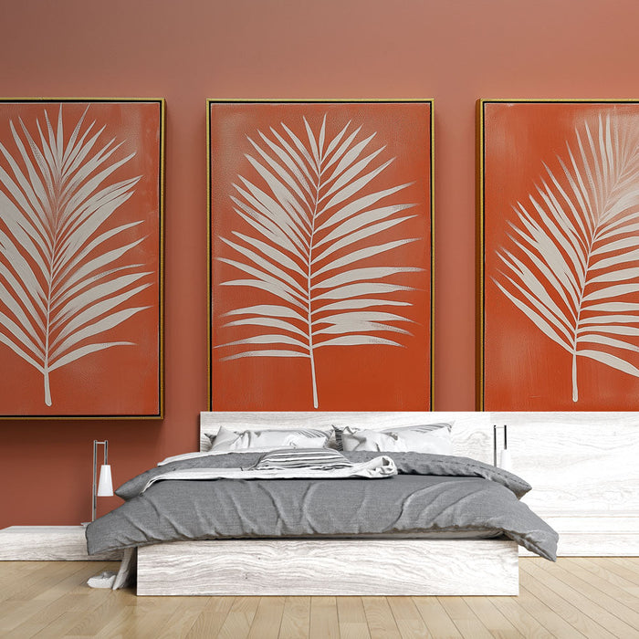 Tapete Laub | Weiße Palmenmuster auf korallenrotem Hintergrund