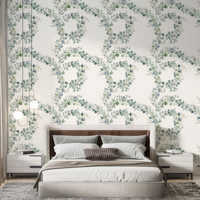 Carta da parati fogliame | Motivi a corona con sfumature di verde e blu