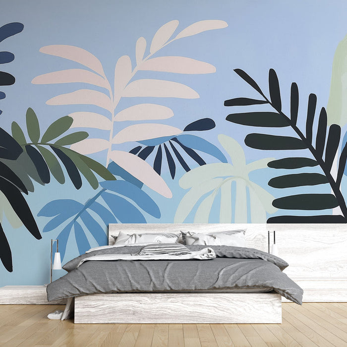 Muraaltapeet mitmevärviline lehestik | Taevasinine taust