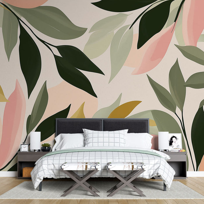 Tapeta vícebarevné listí | Zelená, žlutá a růžová