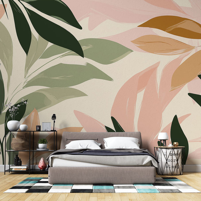 Carta da parati fogliame multicolore | Verde rosa e marrone