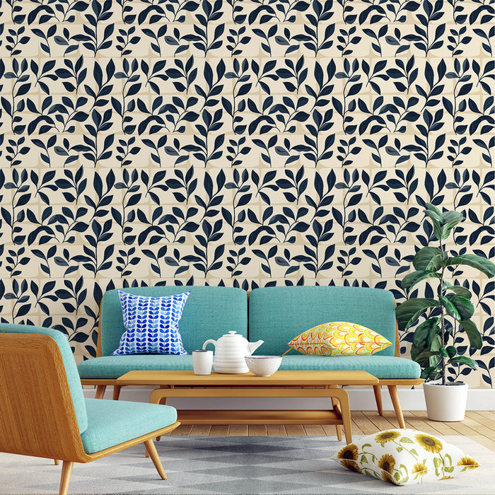 Mural Wallpaper foliage navy | Leaf pattern on cream background with an elegant design