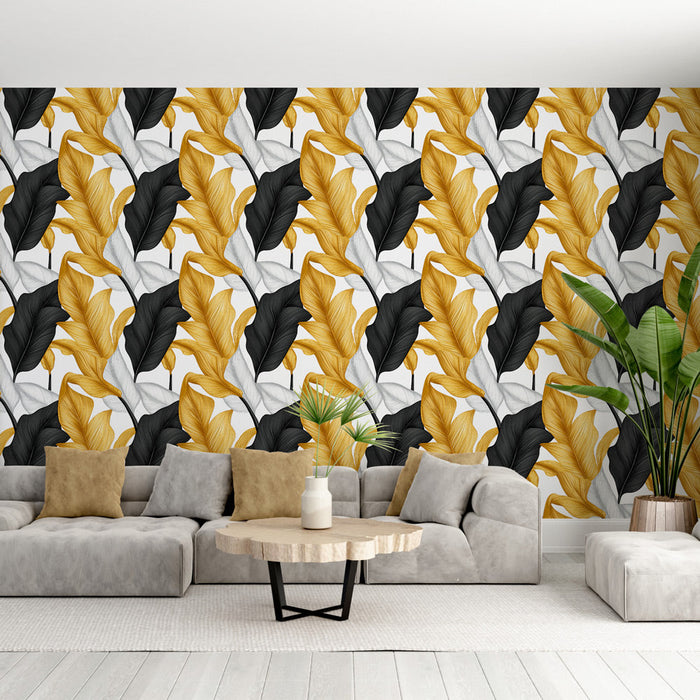 Carta da parati con foglie nere, bianche e dorate | Motivi stilizzati di foglie eleganti