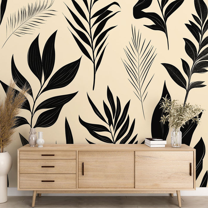 Papel pintado negro y beige con follaje | Herbier