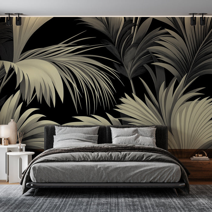 Mural Wallpaper black and beige foliage | Tropical vegetation