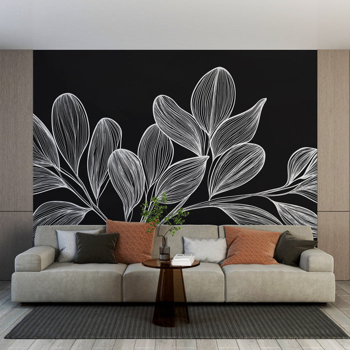 Black and white foliage mural wallpaper | White pencil shrub