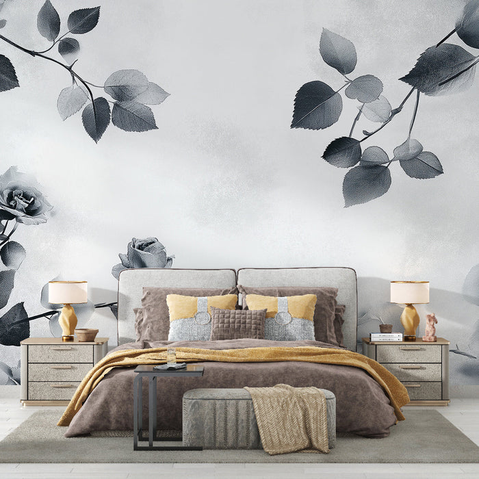 Black and white foliage Mural Wallpaper | Rose branches