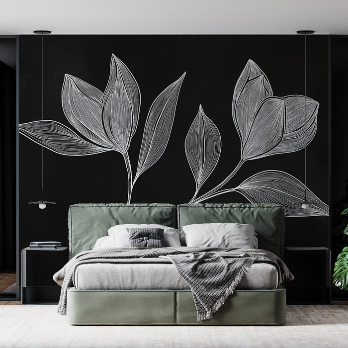 Mural Wallpaper black and white foliage | Like a chalk drawing