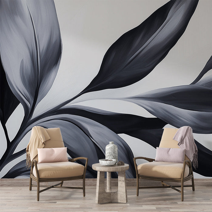 Mural Wallpaper must-valge lehestik | Nagu maal hallides toonides