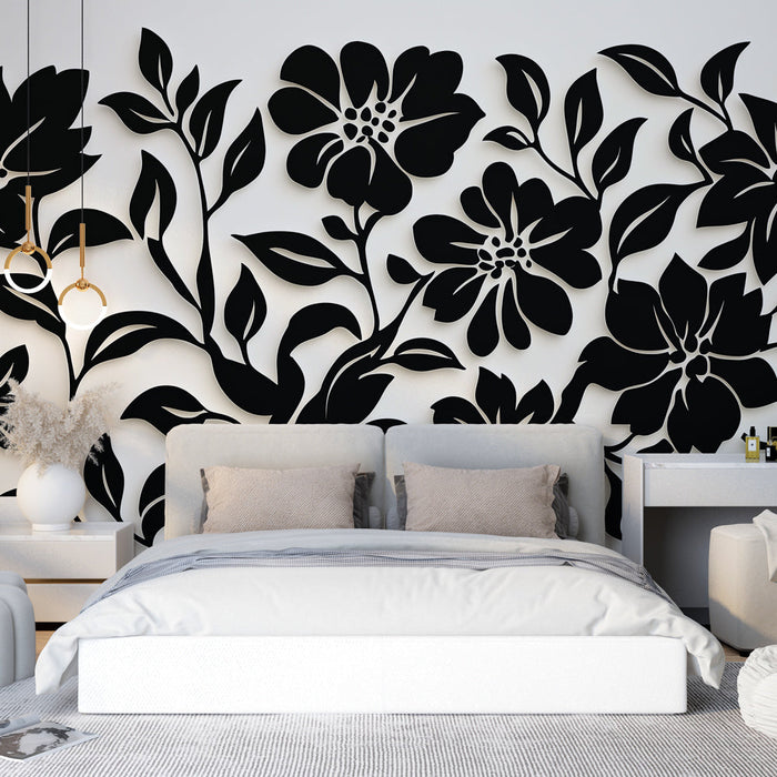 Papel pintado negro y blanco follaje | Composición floral con sombras