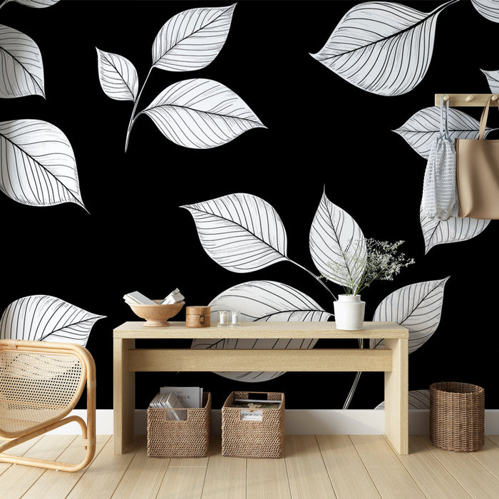 Mural Wallpaper svart-hvitt løvverk | Kontrast mellom blader og bakgrunn