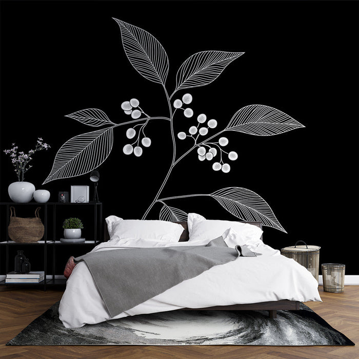 Mural Wallpaper black and white foliage | White pencil drawing on black background