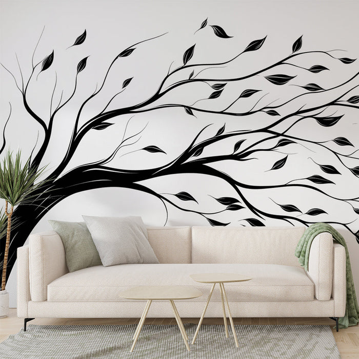 Black and white foliage mural wallpaper | Drawing of a tree facing the wind