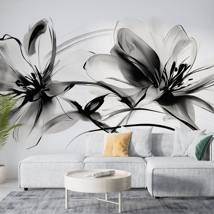 Black and white foliage Mural Wallpaper | Two ink flowers