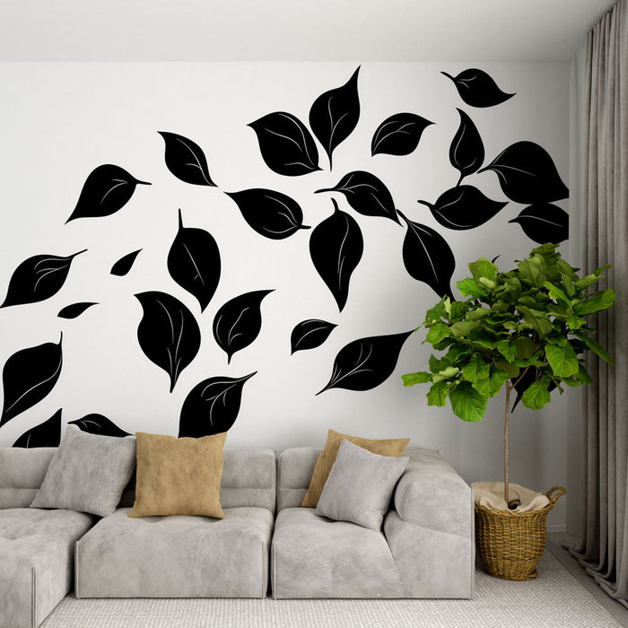 Mural Wallpaper black and white foliage | Flight of leaves in the wind