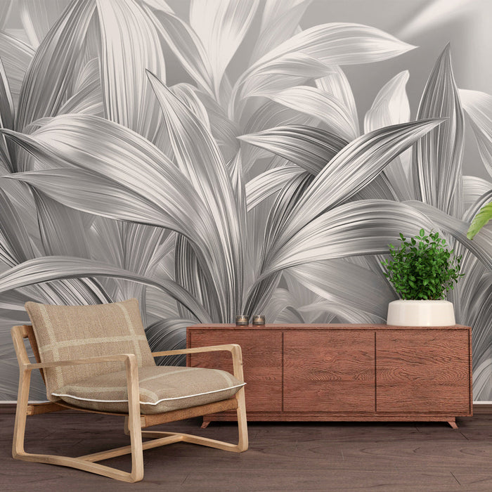 Mural Wallpaper black and white foliage | Silver leaves