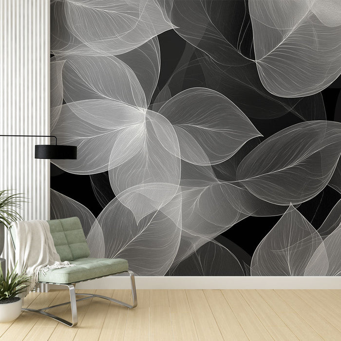 Mural Wallpaper black and white foliage | White leaves in semi-transparency