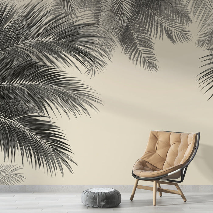 Carta da parati foglie nere e bianche | Delicate foglie di palma su sfondo chiaro