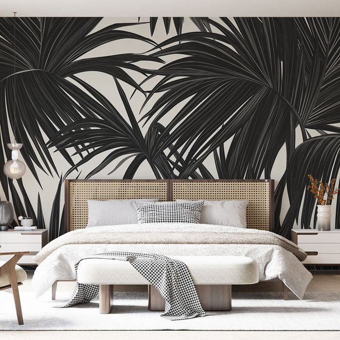 Tapetti mustavalkoinen lehtikuvio | Tyylikkäät palmunlehdet vaalealla taustalla
