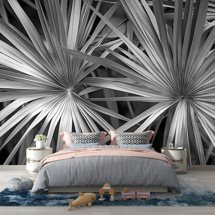 Black and white foliage mural wallpaper | Panoramic palm leaves