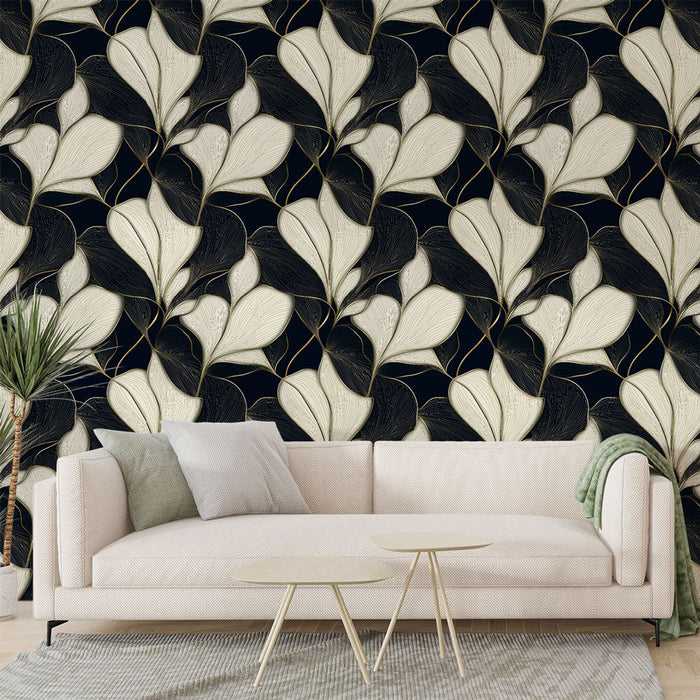 Fototapet svart-hvitt løvverk | Delikate blader på en marineblå bakgrunn